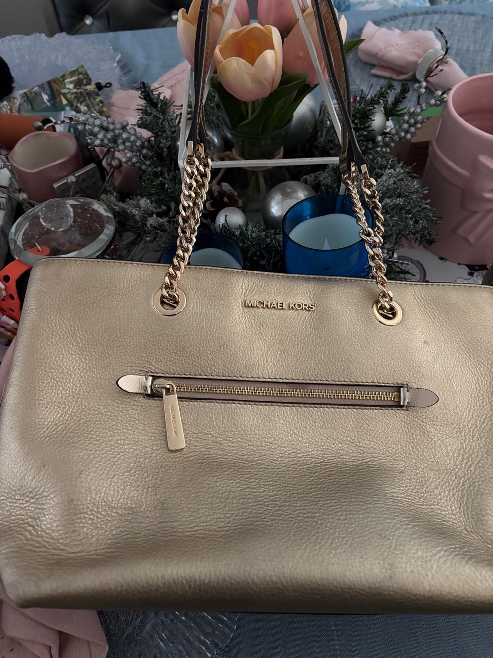 MICHAEL KORS Metallic Gold Leather Shoulder Bag with Chain Straps